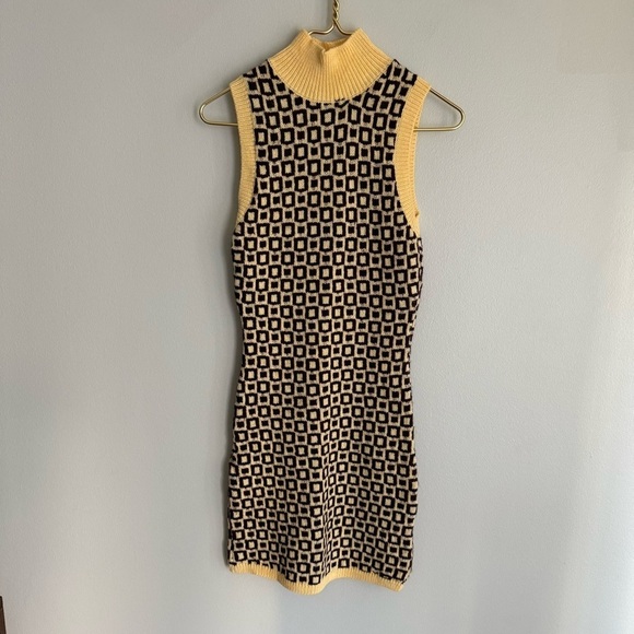 Zara geometric jacquard wool blend knit mock neck dress yellow size small preppy - Picture 2 of 6
